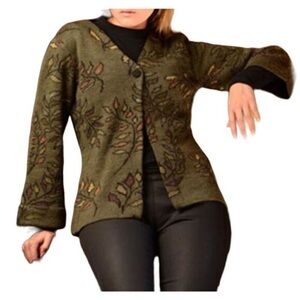 Peruvian Link Alpaca Collection Green Floral Cardigan Sweater Size L